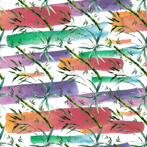 Bambu yeşil yaprakları ve sapları. Suluboya arka plan illüstrasyon seti. Kesintisiz arka plan deseni.