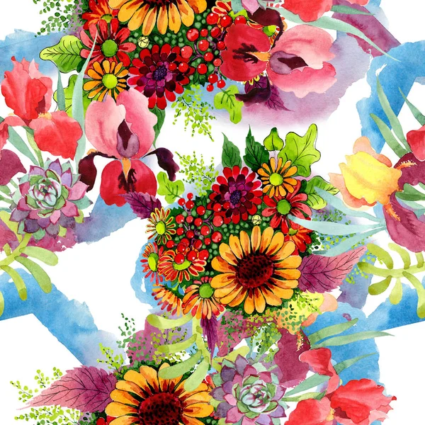 Buket çiçek botanik çiçek. Suluboya arka plan illüstrasyon seti. Kesintisiz arka plan deseni.