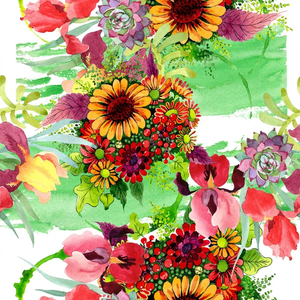 Bouquet floreale fiore botanico. Acquerello sfondo illustrazione set. Modello di sfondo senza soluzione di continuità . — Foto Stock