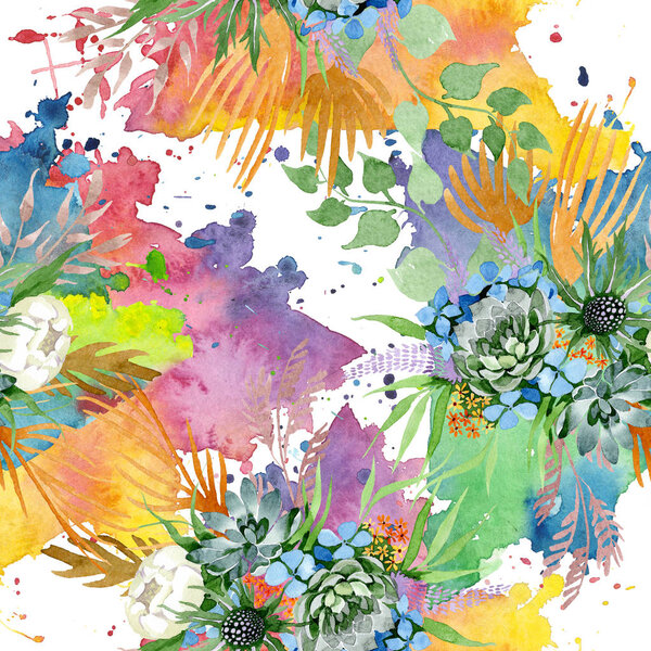 Bouquet floral botanical flowers. Watercolor background illustration set. Seamless background pattern.