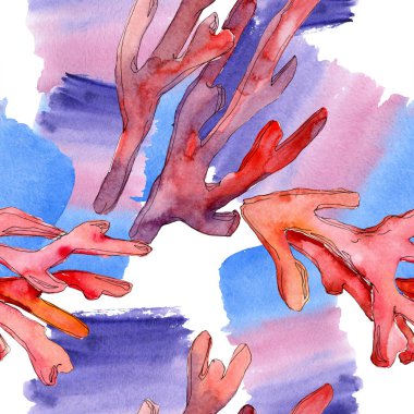 Kırmızı su altı doğa mercan resifi. Suluboya arka plan illüstrasyon seti. Kesintisiz arka plan deseni.