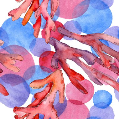 Kırmızı su altı doğa mercan resifi. Suluboya arka plan illüstrasyon seti. Kesintisiz arka plan deseni.