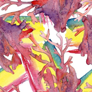 Kırmızı su altı doğa mercan resifi. Suluboya arka plan illüstrasyon seti. Kesintisiz arka plan deseni.