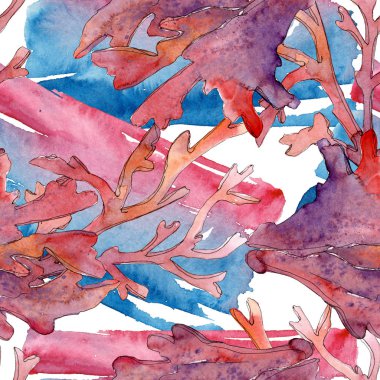 Kırmızı su altı doğa mercan resifi. Suluboya arka plan illüstrasyon seti. Kesintisiz arka plan deseni.