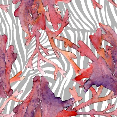 Kırmızı su altı doğa mercan resifi. Suluboya arka plan illüstrasyon seti. Kesintisiz arka plan deseni.