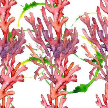 Kırmızı su altı doğa mercan resifi. Suluboya arka plan illüstrasyon seti. Kesintisiz arka plan deseni.
