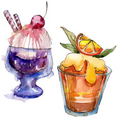 Sulu Boya stilinde lezzetli dondurma. Aquarelle şekerli tatlı şekilde ayarlayın. İzole tatlılar arka plan öğesi.