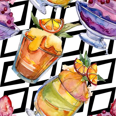 Sulu Boya stilinde lezzetli dondurma. Aquarelle şekerli tatlı şekilde ayarlayın. Sorunsuz arka plan deseni.