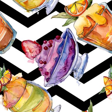 Sulu Boya stilinde lezzetli dondurma. Aquarelle şekerli tatlı şekilde ayarlayın. Sorunsuz arka plan deseni.