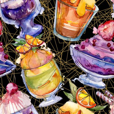 Sulu Boya stilinde lezzetli dondurma. Aquarelle şekerli tatlı şekilde ayarlayın. Sorunsuz arka plan deseni.