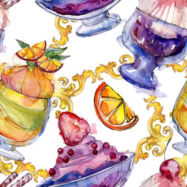 Sulu Boya stilinde lezzetli dondurma. Aquarelle şekerli tatlı şekilde ayarlayın. Sorunsuz arka plan deseni.