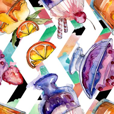 Sulu Boya stilinde lezzetli dondurma. Aquarelle şekerli tatlı şekilde ayarlayın. Sorunsuz arka plan deseni.