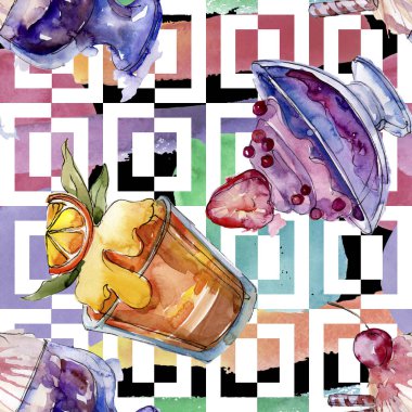 Sulu Boya stilinde lezzetli dondurma. Aquarelle şekerli tatlı şekilde ayarlayın. Sorunsuz arka plan deseni.