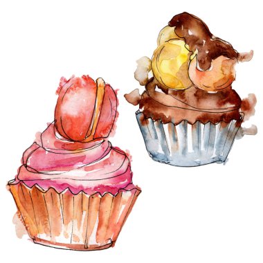 Suluboya tarzında lezzetli cupcake. Arka plan çizim seti. Suluboya çizim moda aquarelle izole.