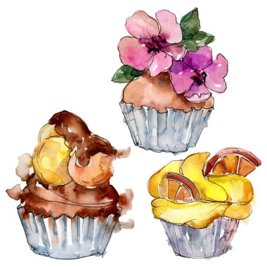 Suluboya tarzında lezzetli cupcake. Arka plan çizim seti. Suluboya çizim moda aquarelle izole.