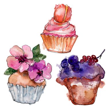 Suluboya tarzında lezzetli cupcake. Arka plan çizim seti. Suluboya çizim moda aquarelle izole.