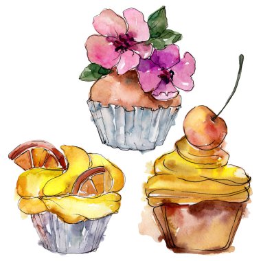 Suluboya tarzında lezzetli cupcake. Arka plan çizim seti. Suluboya çizim moda aquarelle izole.