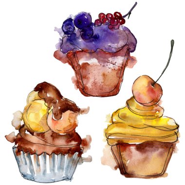 Suluboya tarzında lezzetli cupcake. Arka plan çizim seti. Suluboya çizim moda aquarelle izole.
