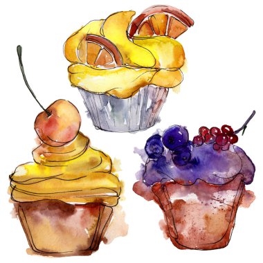 Suluboya tarzında lezzetli cupcake. Arka plan çizim seti. Suluboya çizim moda aquarelle izole.