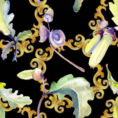 Orman meşe palamudu yeşil yaprak ve fındık. Suluboya arka plan illüstrasyon seti. Kesintisiz arka plan deseni.