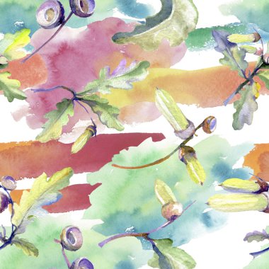 Orman meşe palamudu yeşil yaprak ve fındık. Suluboya arka plan illüstrasyon seti. Kesintisiz arka plan deseni.