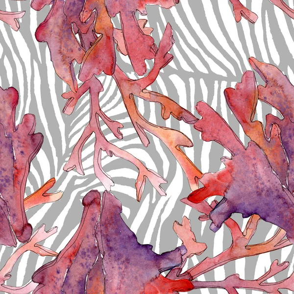 Kırmızı su altı doğa mercan resifi. Suluboya arka plan illüstrasyon seti. Kesintisiz arka plan deseni.