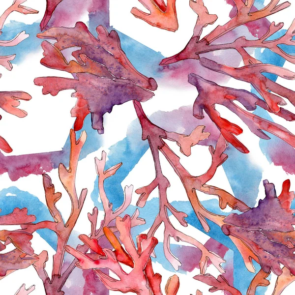 红色水生水下自然珊瑚礁。水彩背景插图集。无缝背景模式. — 图库照片