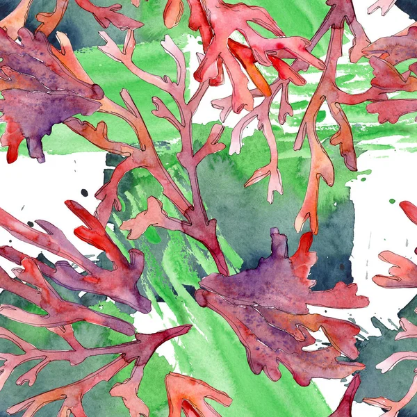 Barriera corallina naturale subacquea rossa. Acquerello sfondo illustrazione set. Modello di sfondo senza soluzione di continuità . — Foto Stock