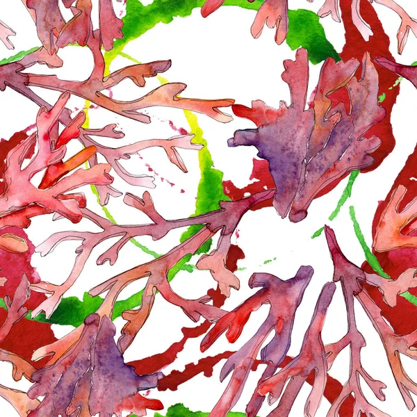 Arrecife de coral de naturaleza submarina acuática roja. Conjunto de ilustración de fondo acuarela. Patrón de fondo sin costuras . — Foto de Stock