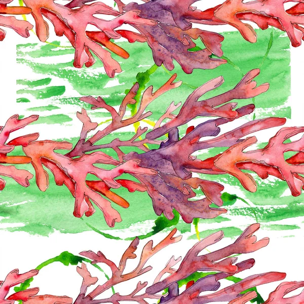 Kırmızı su altı doğa mercan resifi. Suluboya arka plan illüstrasyon seti. Kesintisiz arka plan deseni.