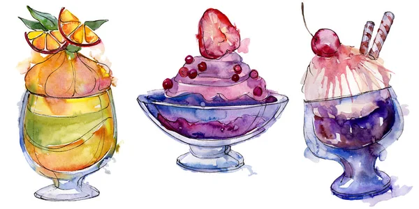 수채화 스타일에 맛 있는 아이스크림. 해당 달콤한 디저트 그림을 설정합니다. 격리 된 디저트 배경 요소. — 스톡 사진