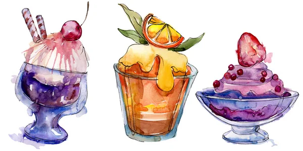 Läckra glass i akvarell stil. Aquarelle söt efterrätt illustration set. Isolerade desserter bakgrundselement. — Stockfoto