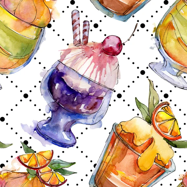 Sulu Boya stilinde lezzetli dondurma. Aquarelle şekerli tatlı şekilde ayarlayın. Sorunsuz arka plan deseni.