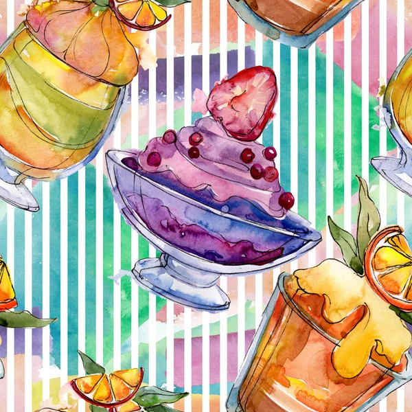 Sulu Boya stilinde lezzetli dondurma. Aquarelle şekerli tatlı şekilde ayarlayın. Sorunsuz arka plan deseni.