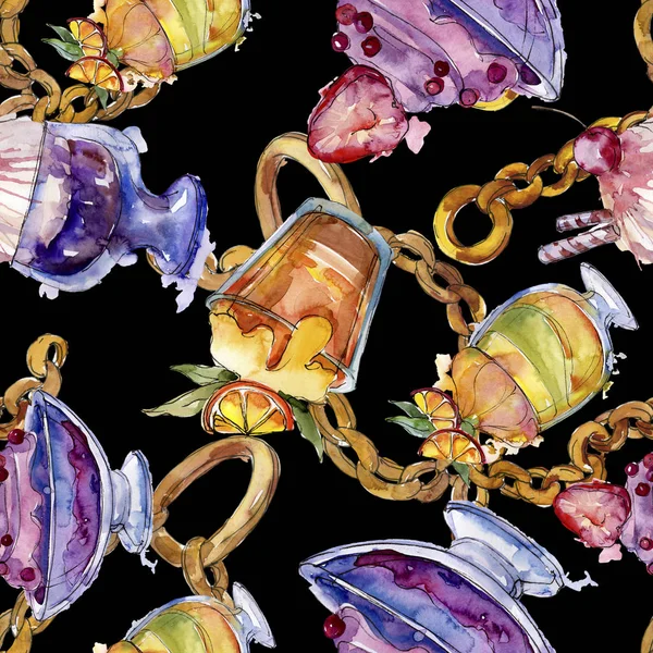 Sulu Boya stilinde lezzetli dondurma. Aquarelle şekerli tatlı şekilde ayarlayın. Sorunsuz arka plan deseni.