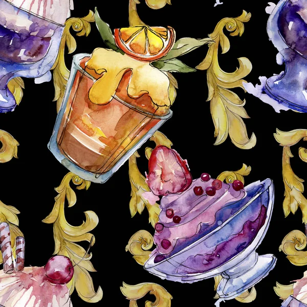 Sulu Boya stilinde lezzetli dondurma. Aquarelle şekerli tatlı şekilde ayarlayın. Sorunsuz arka plan deseni.