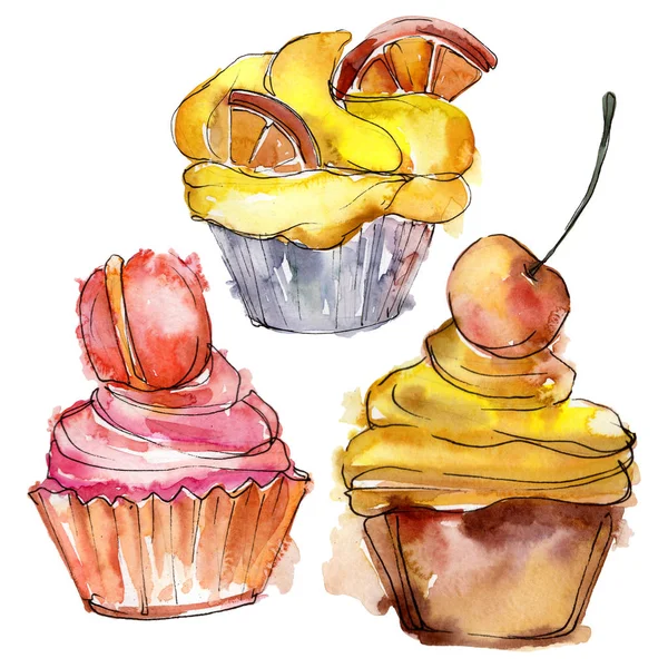 Suluboya tarzında lezzetli cupcake. Arka plan çizim seti. Suluboya çizim moda aquarelle izole.