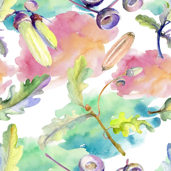 Orman meşe palamudu yeşil yaprak ve fındık. Suluboya arka plan illüstrasyon seti. Kesintisiz arka plan deseni.