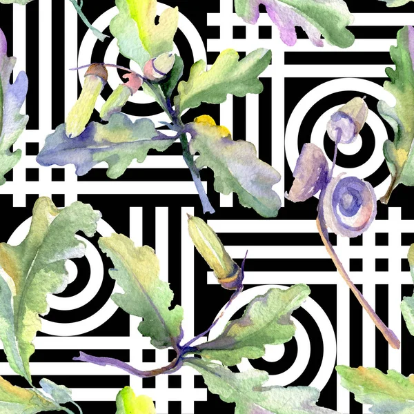 Orman meşe palamudu yeşil yaprak ve fındık. Suluboya arka plan illüstrasyon seti. Kesintisiz arka plan deseni.