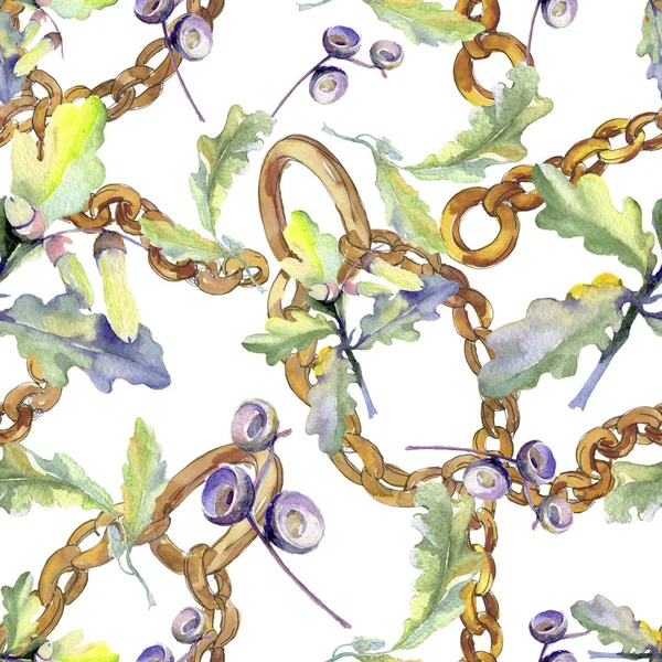 Orman meşe palamudu yeşil yaprak ve fındık. Suluboya arka plan illüstrasyon seti. Kesintisiz arka plan deseni.