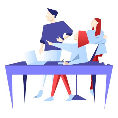 Takım çalışması iş vektör düz illüstrasyon. Adam çizelgede işaret. Web sitesi veya uygulama infografik için Banner logo şablonu.