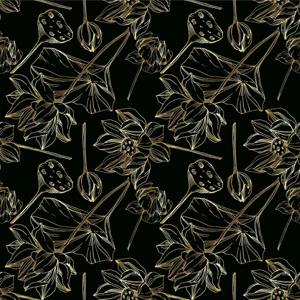 Vektör Lotus çiçek botanik çiçekler. Siyah ve beyaz oyulmuş mürekkep sanatı. Kesintisiz arka plan deseni.