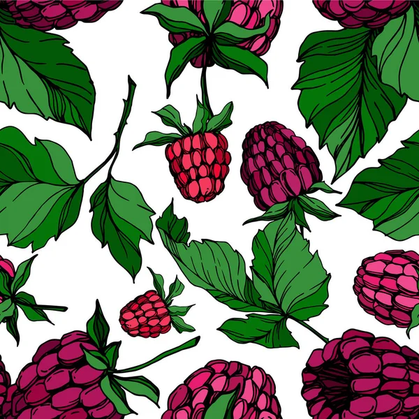 Vector Raspberry alimentos saludables aislados. Tinta grabada en blanco y negro. Patrón de fondo sin costuras . — Vector de stock