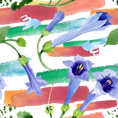 Mavi brugmansia çiçek botanik çiçekleri. Suluboya arka plan illüstrasyon seti. Kesintisiz arka plan deseni.