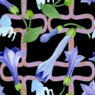 Mavi brugmansia çiçek botanik çiçekleri. Suluboya arka plan illüstrasyon seti. Kesintisiz arka plan deseni.