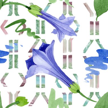Mavi brugmansia çiçek botanik çiçekleri. Suluboya arka plan illüstrasyon seti. Kesintisiz arka plan deseni.