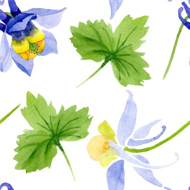 Mavi sarı brugmansia çiçek botanik çiçekler. Suluboya arka plan illüstrasyon seti. Kesintisiz arka plan deseni.