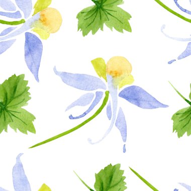 Mavi sarı brugmansia çiçek botanik çiçekler. Suluboya arka plan illüstrasyon seti. Kesintisiz arka plan deseni.