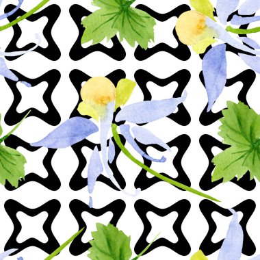 Mavi sarı brugmansia çiçek botanik çiçekler. Suluboya arka plan illüstrasyon seti. Kesintisiz arka plan deseni.