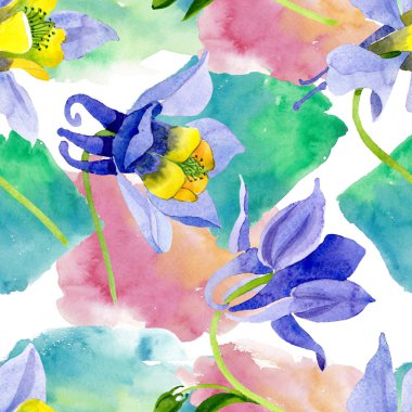 Mavi sarı brugmansia çiçek botanik çiçekler. Suluboya arka plan illüstrasyon seti. Kesintisiz arka plan deseni.